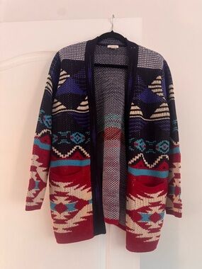 Forever 21 Aztec Open-Front Cardigan in Navy, Red & Teal